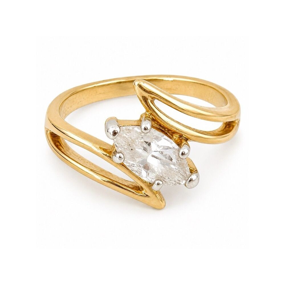 Vintage 1970s Ring Size 10 Uncas CZ Solitaire Bypass Gold Plated - 14R